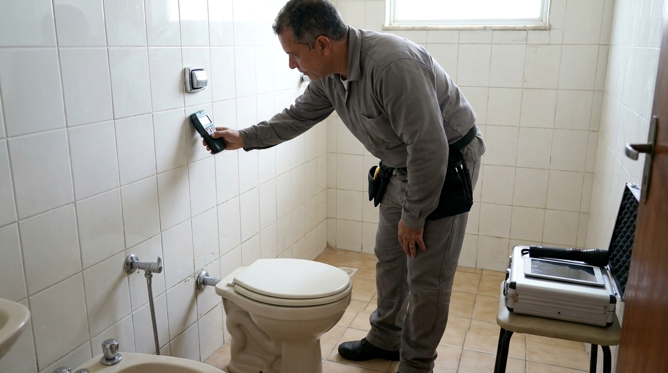 Técnico de caça vazamento analisando tubulação em Bragança Paulista‑SP