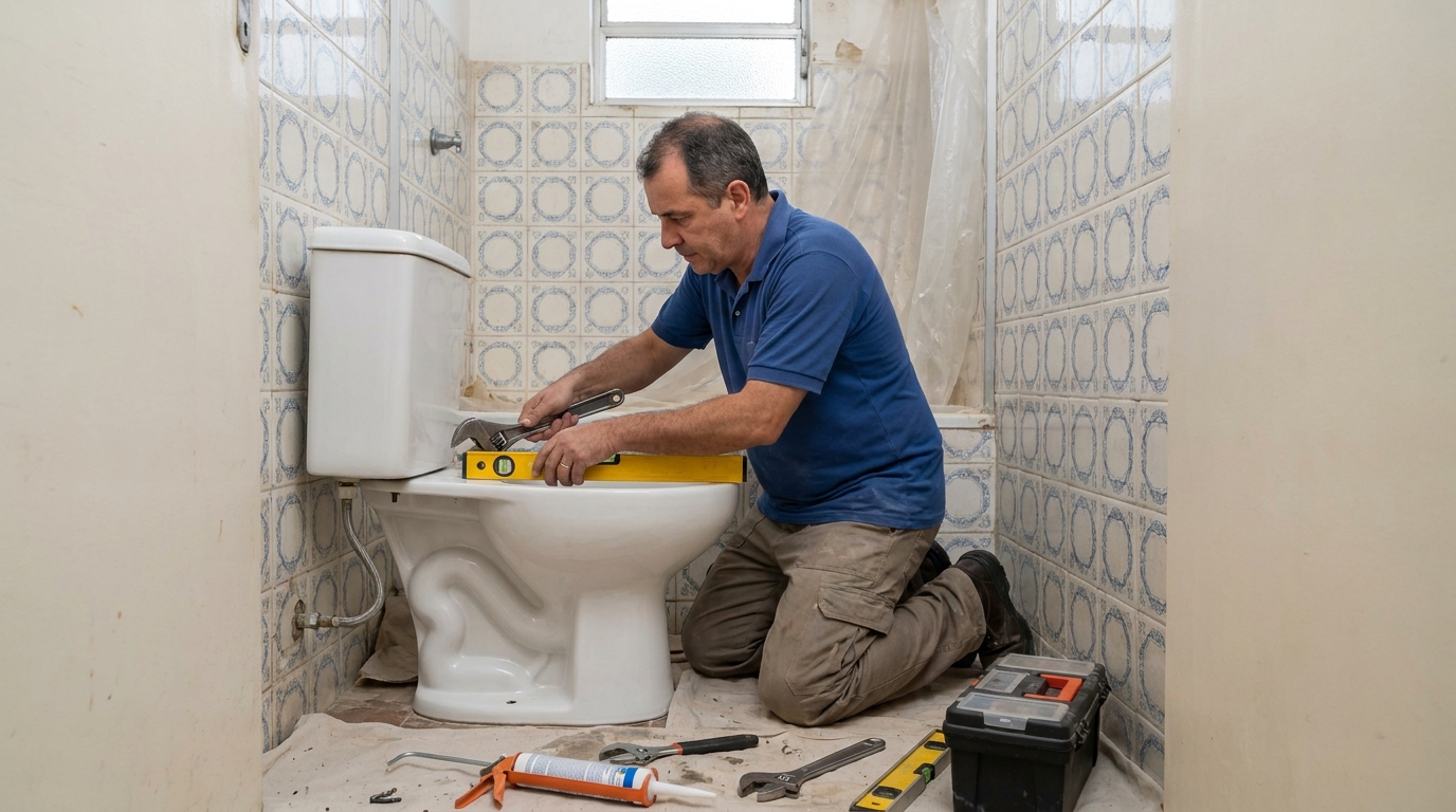 Técnico instalando vaso sanitário em Bragança Paulista‑SP